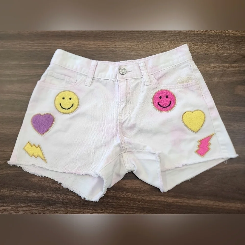 Old Navy Girls White Tye Dye Upcycle Added Colorful Patches, sz 12